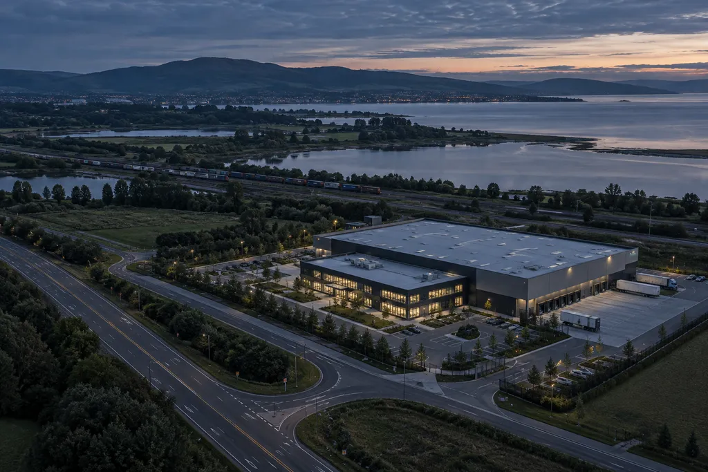 Illustrative logistics campus beside an access road, rail corridor and waterway.