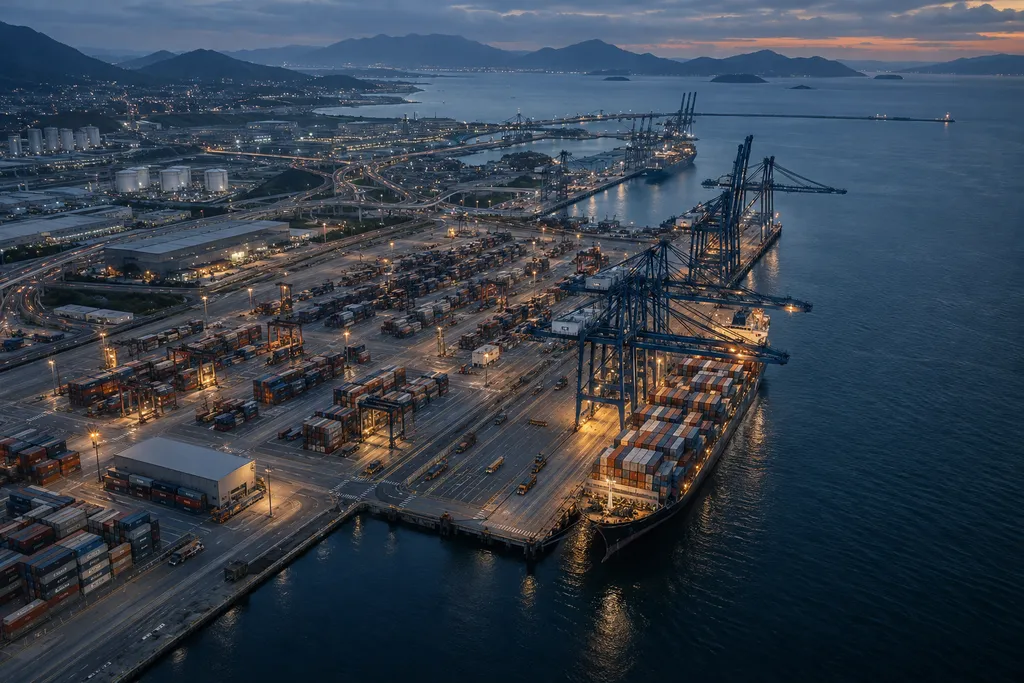 Illustrative port showing container terminals, surrounding infrastructure and coastal approaches.
