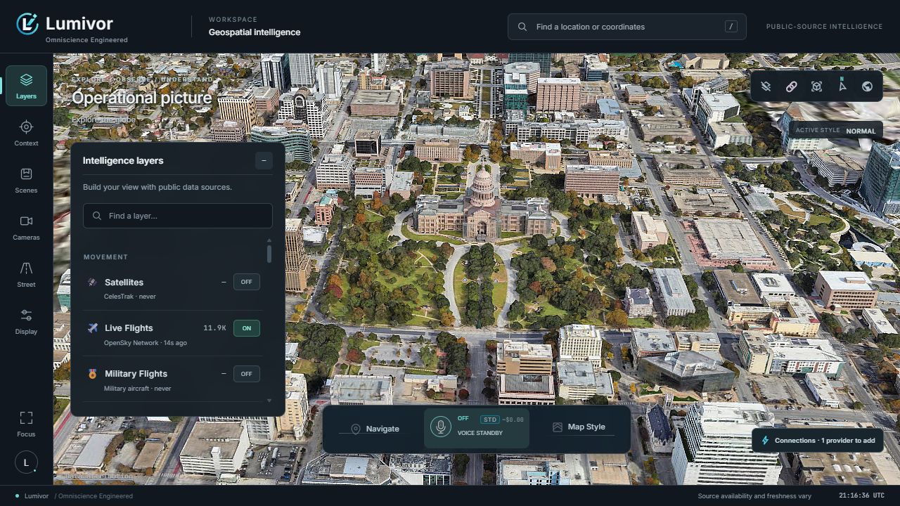 The Lumivor application displaying a three-dimensional view of central Austin, with intelligence layers and map navigation controls.