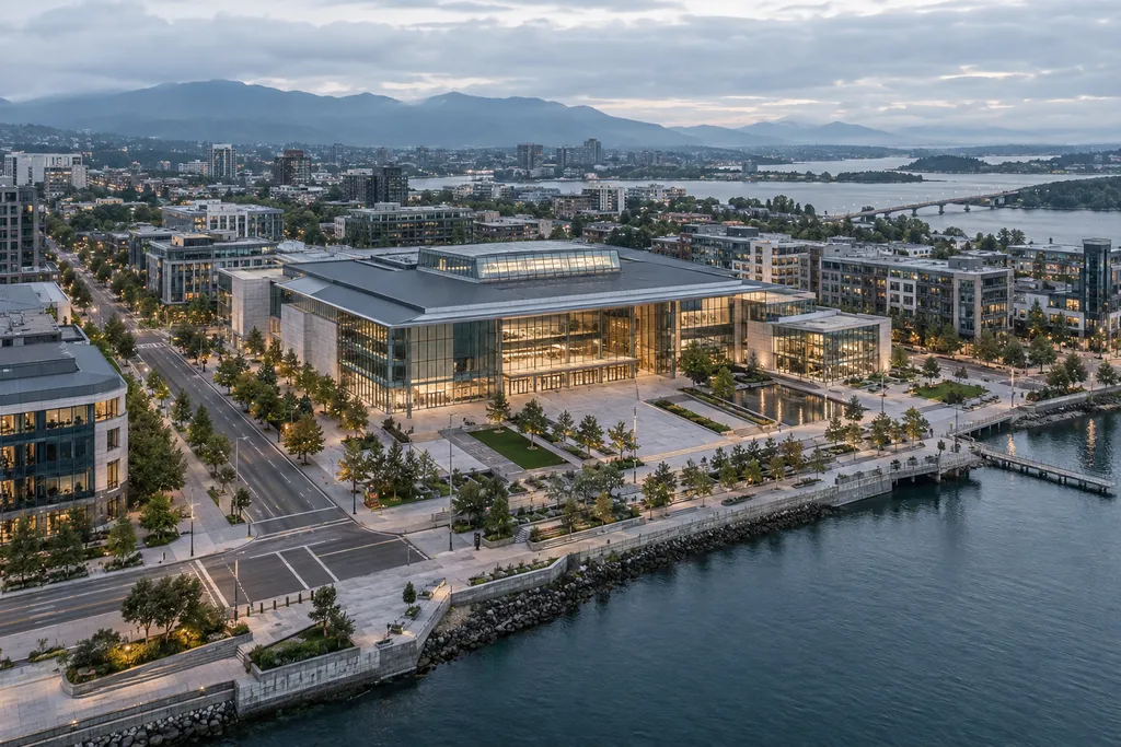 Illustrative waterfront conference venue with a plaza, adjoining city streets and surrounding buildings.